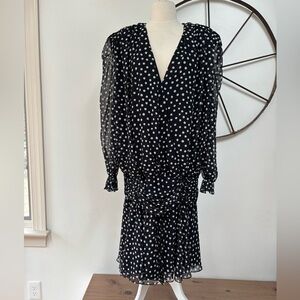 Martinique 1980s Vintage black chiffon polkadot drop waist strong shoulder dress